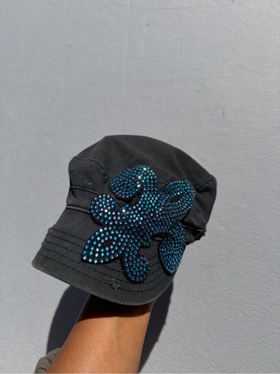 no brand Accessories - Y2K baddie Black Military-Style Cap with Blue fleur de lis Rhinestone accent